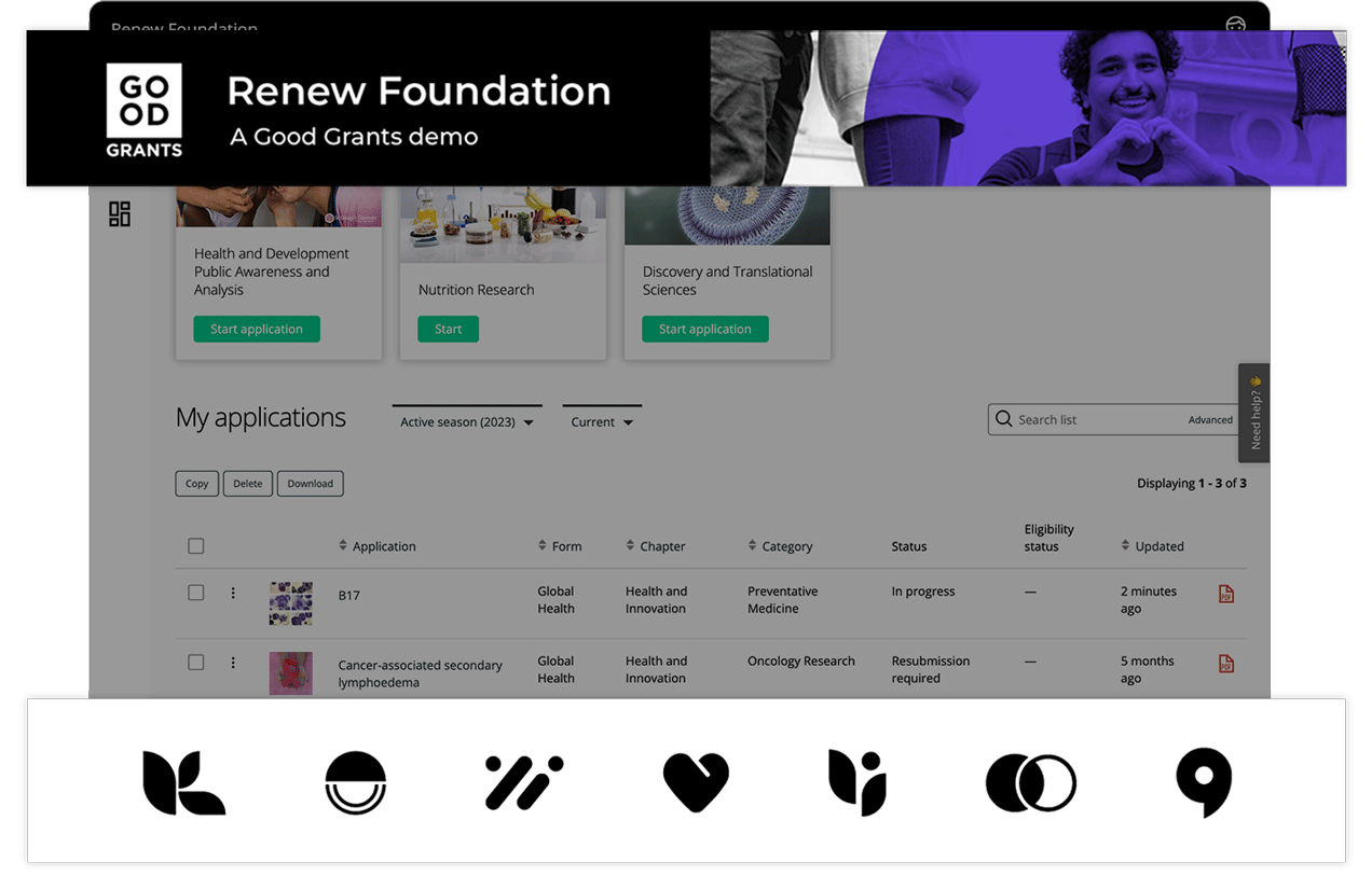 The Good Grants interface example shows that you customise the program's header and footer to suit your branding