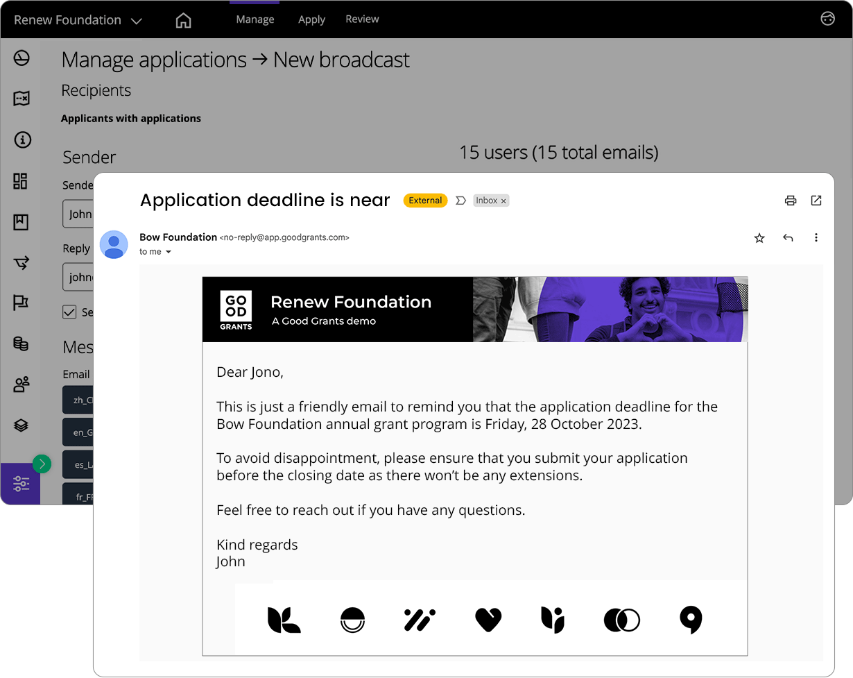 Eine Beispiel-E-Mail, die einer von mehreren Empfängern einer Massen-Broadcast-E-Mail erhalten hat, um Bewerber an den Bewerbungsschluss zu erinnern. 