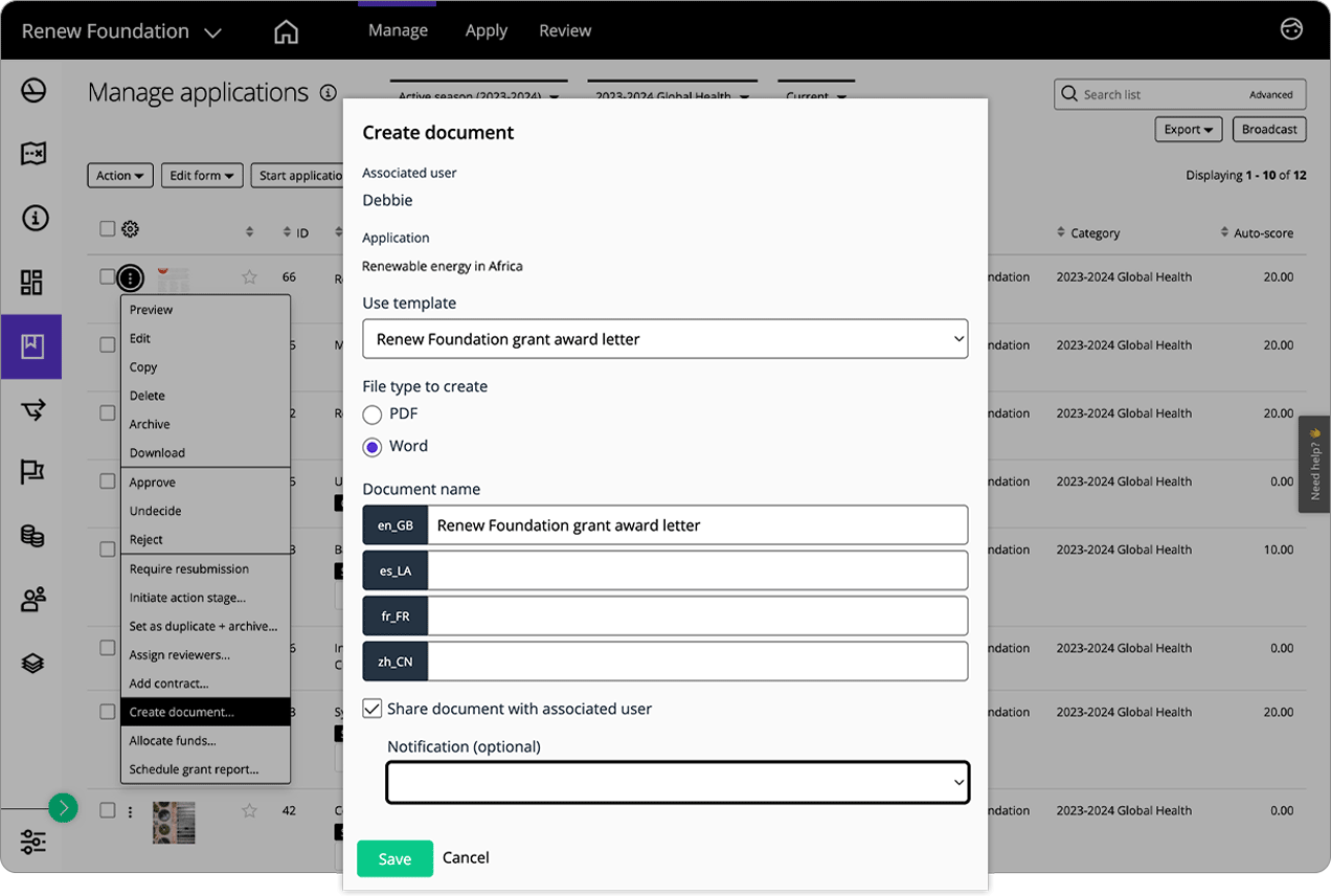 Good Grants-Oberfläche, die zeigt, dass Sie ein Dokument direkt vom Antrags-Dashboard aus einem Antrag zuweisen können