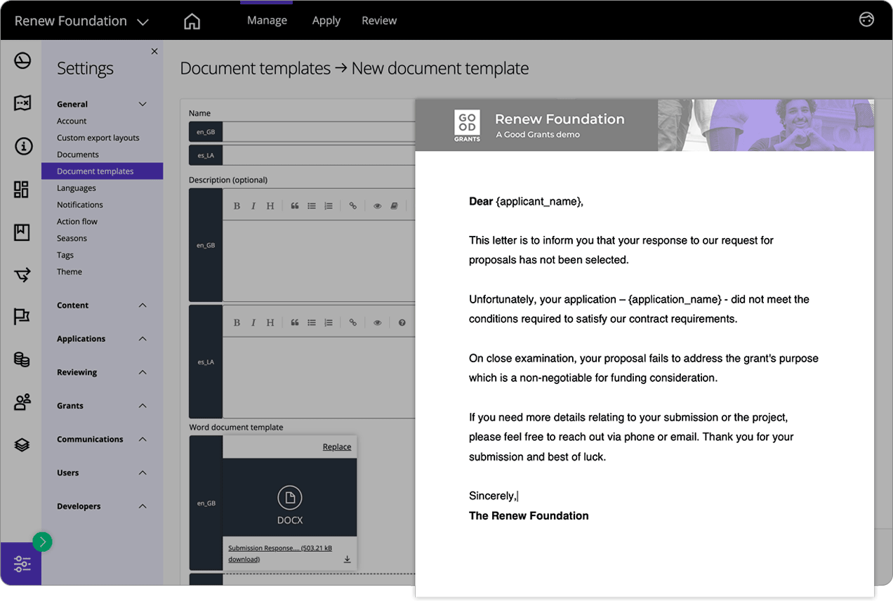 Good Grants-Oberfläche, die eine angehängte Word-Datei zum Erstellen einer Dokumentvorlage zeigt