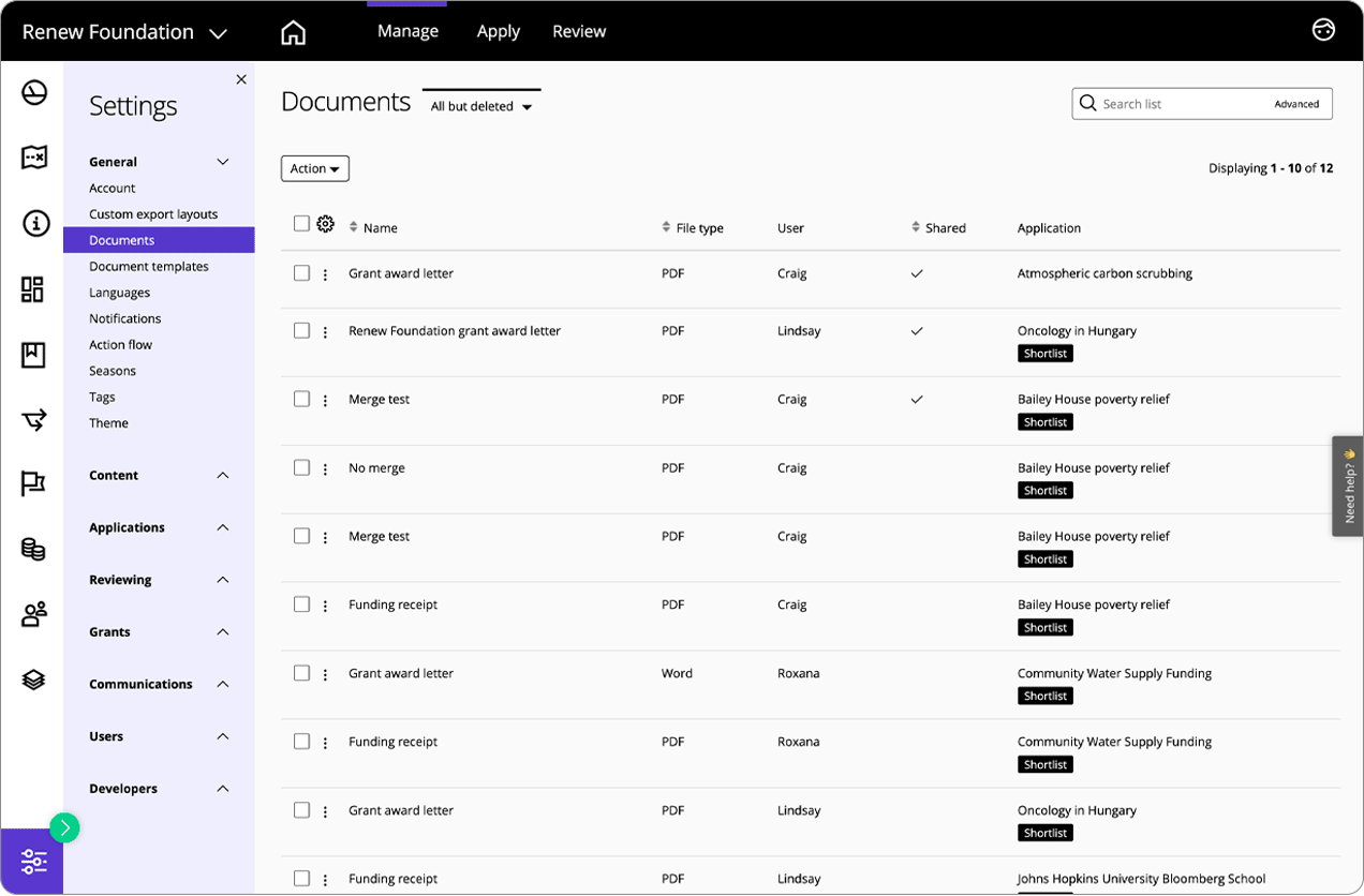 Good Grants-Oberfläche, die den zentralen Speicherort für Ihre Dokumente unter den allgemeinen Einstellungen zeigt 