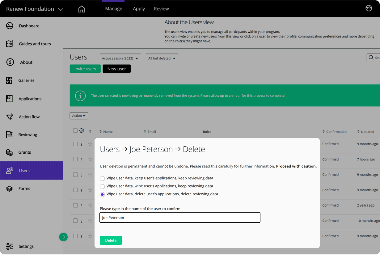 Good Grants interface showing the permanent deletion of users