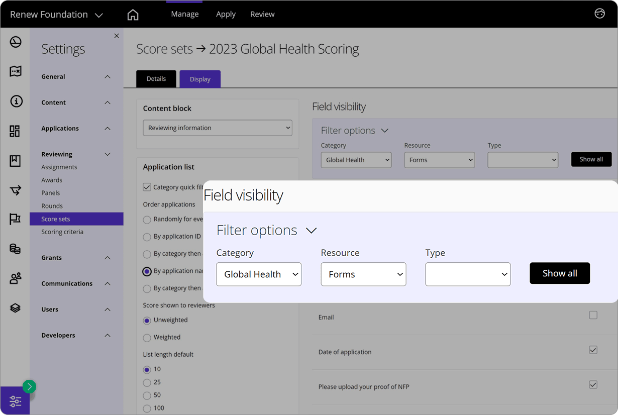 Good Grants interface showing how to hide field data from reviewers in the score set menu