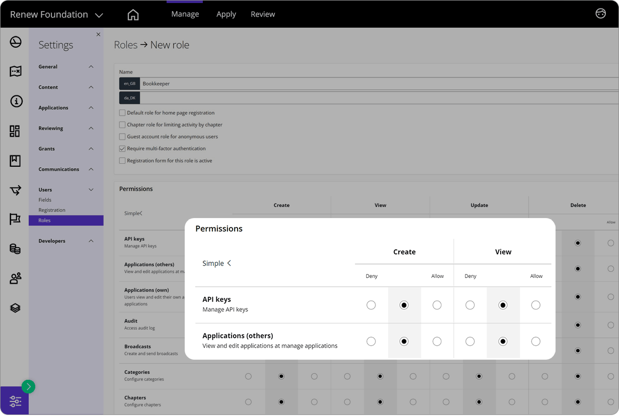 Good Grants interface showing user role settings