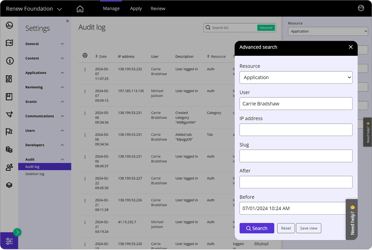 Good Grants-Oberfläche, die die erweiterte Suchfunktion innerhalb des Audit-Protokolls zeigt 