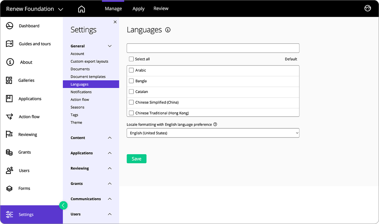 Good Grants interface showing a list of 30 languages that you can use.