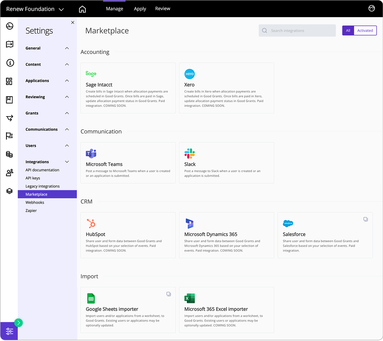 Good Grants interface showing that the program manager ca access the integration marketplace in the settings menu under Integrations.
