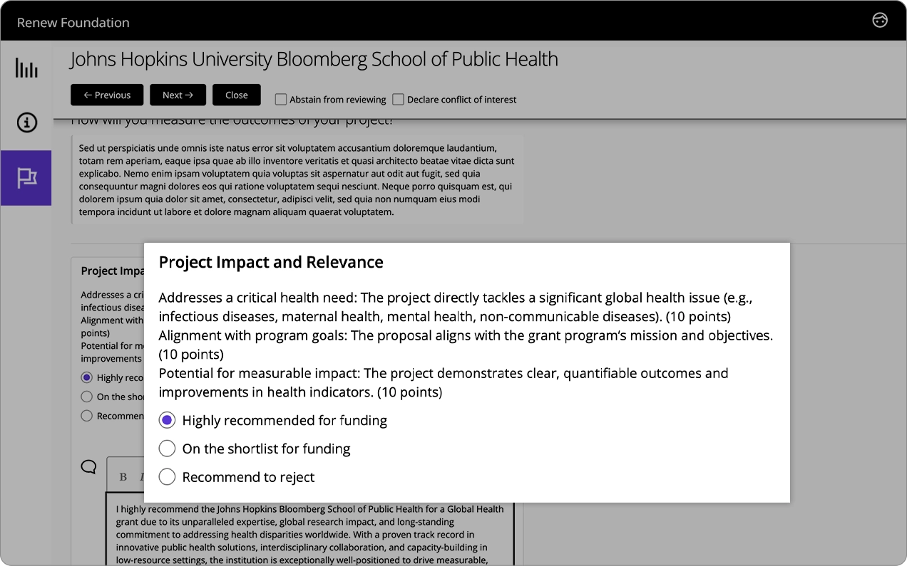 Good Grants interface showing the reviewing fast start functionality.