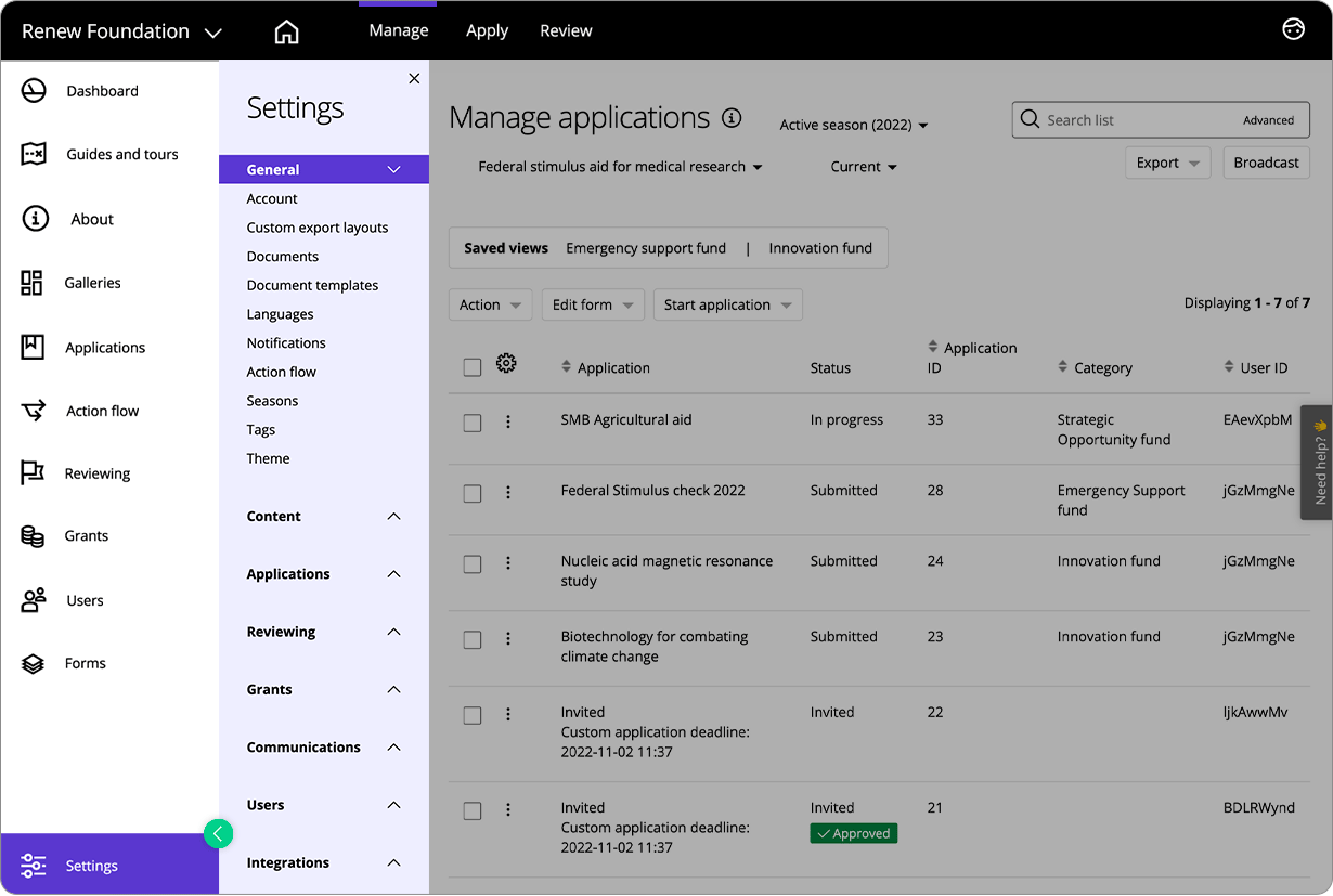 Good Grants interface showing all the system configuration options in the settings menu