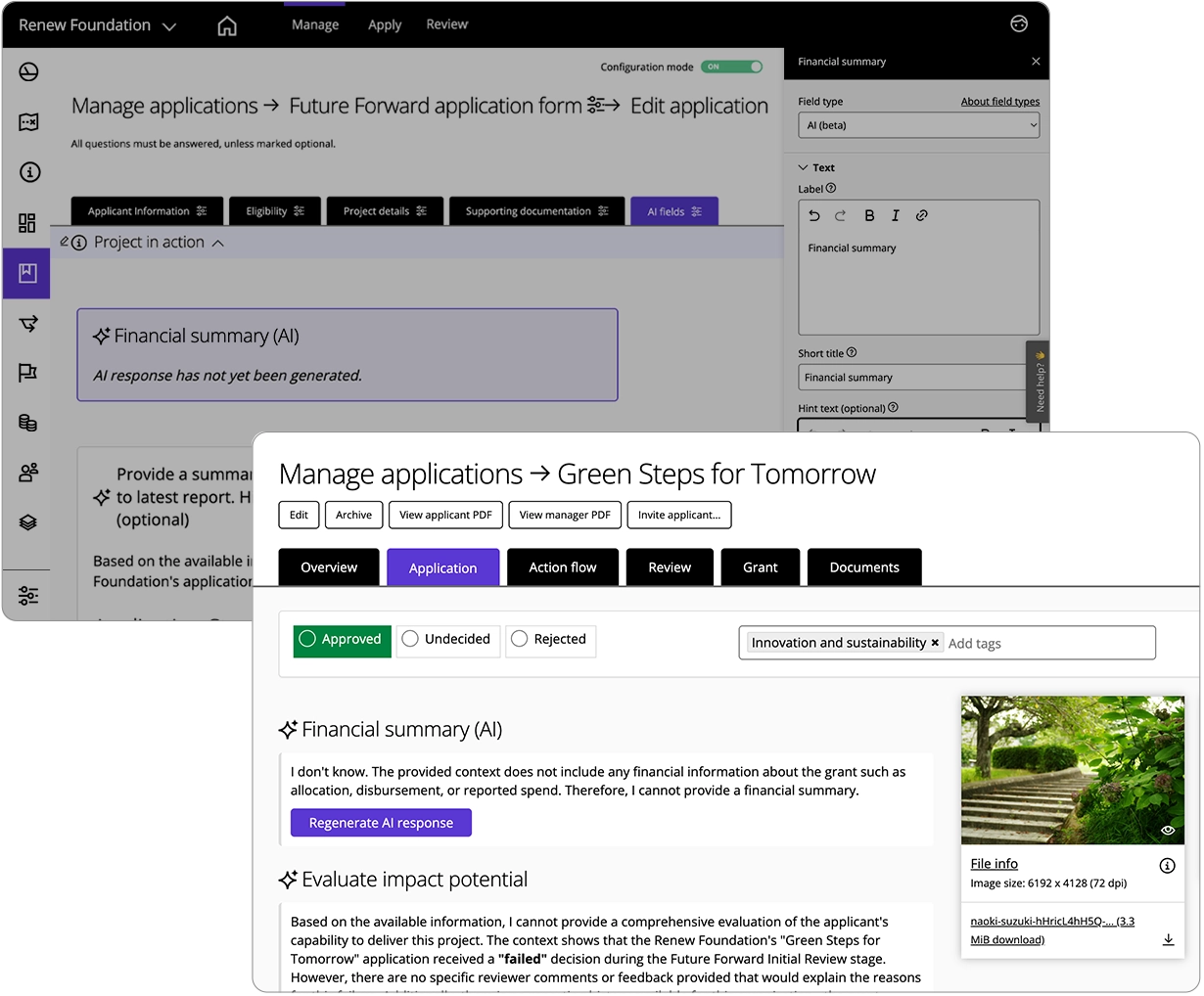 Good Grants interface showing that AI fields can be configured directly on your forms. In this example it's configured to generate a financial summary of the application.