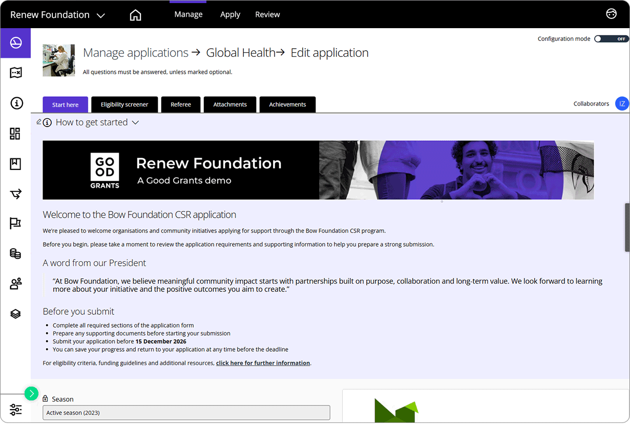 Good Grants interface showing a content block in application submission