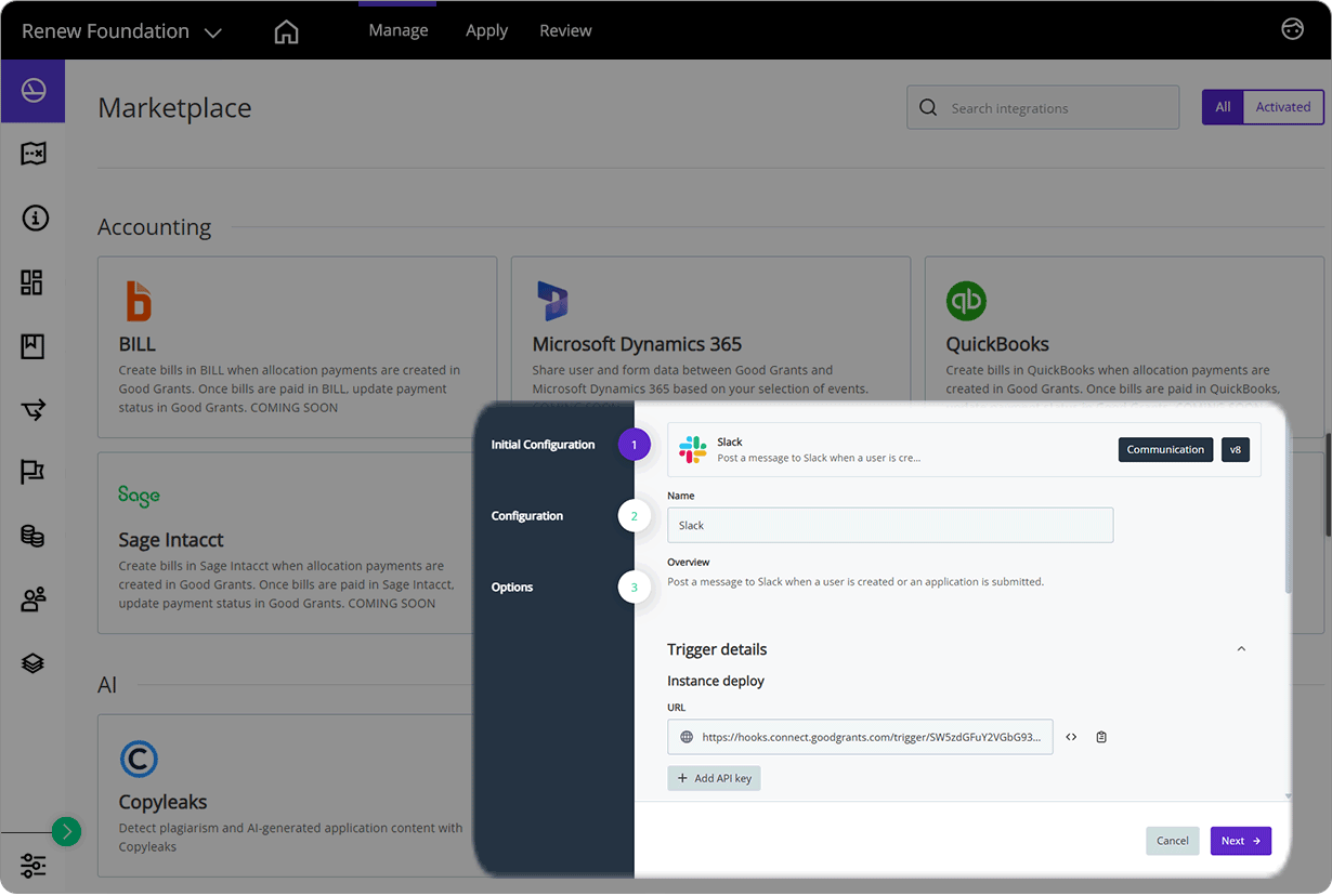 Good Grants interface showing the configuration of the integration with Slack