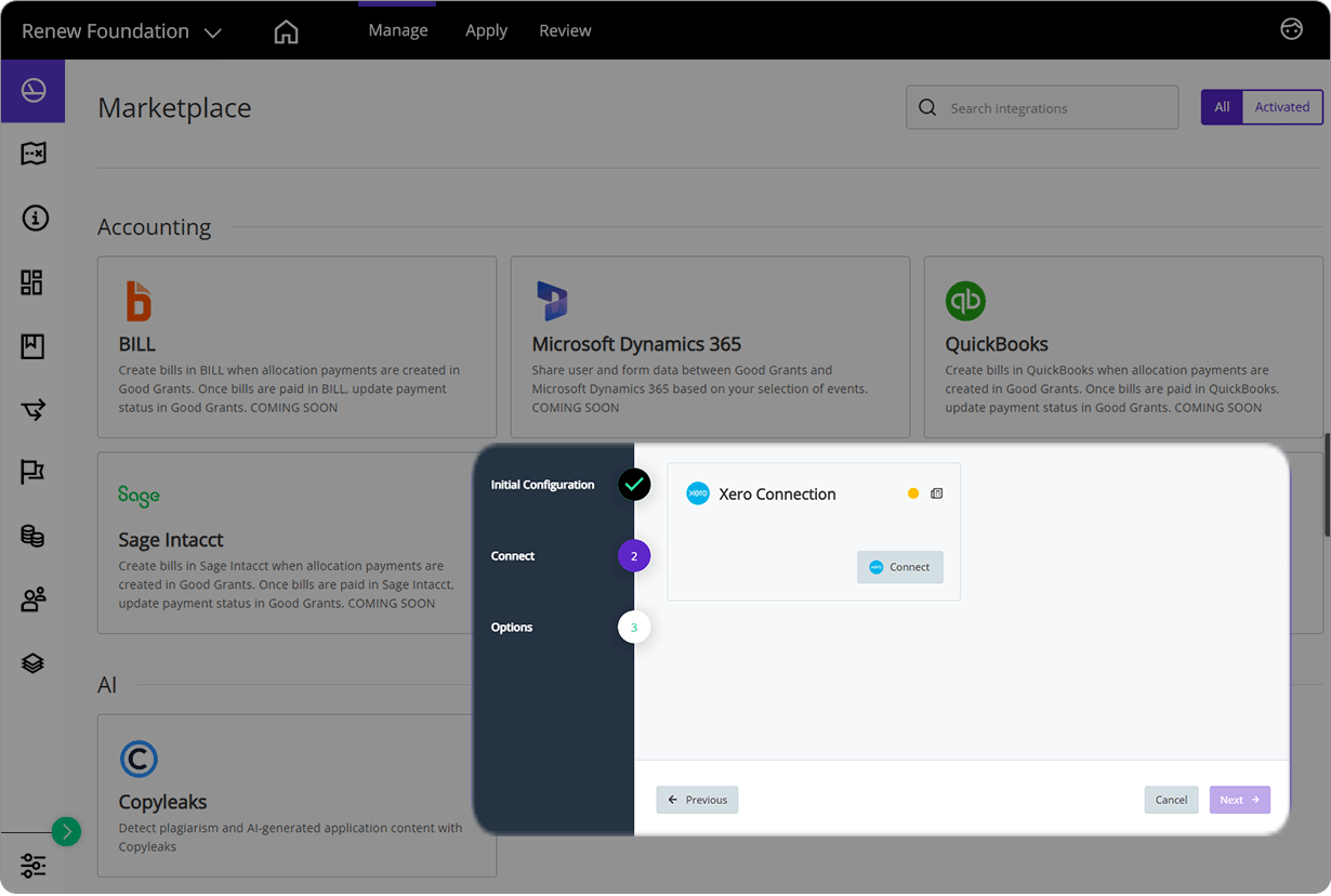 Good Grants interface showing the Xero integration configuration steps.