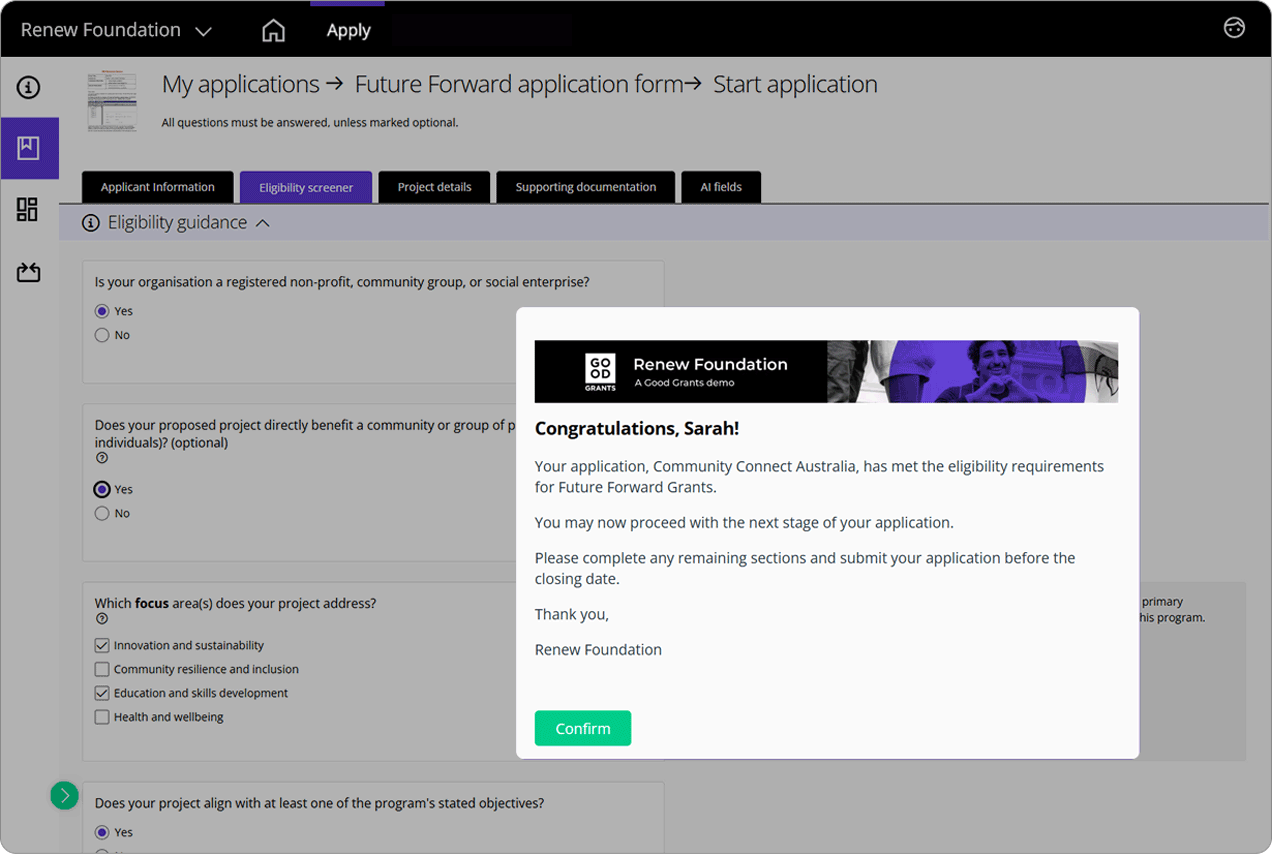 Good Grants interface showing the content block confirmation of eligible application