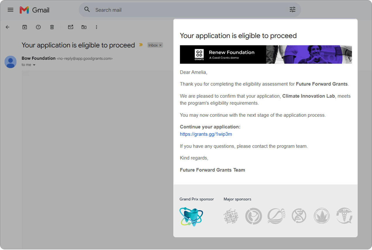 Email showing the confirmation of eligibility to an applicant