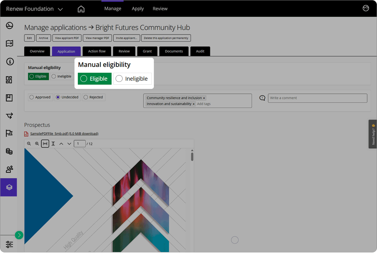Good Grants interface showing the manager's view of an application and the manual eligibility controls.