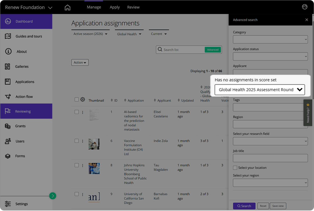 Good Grants interface showing the advanced search new filter for applications with no assignments