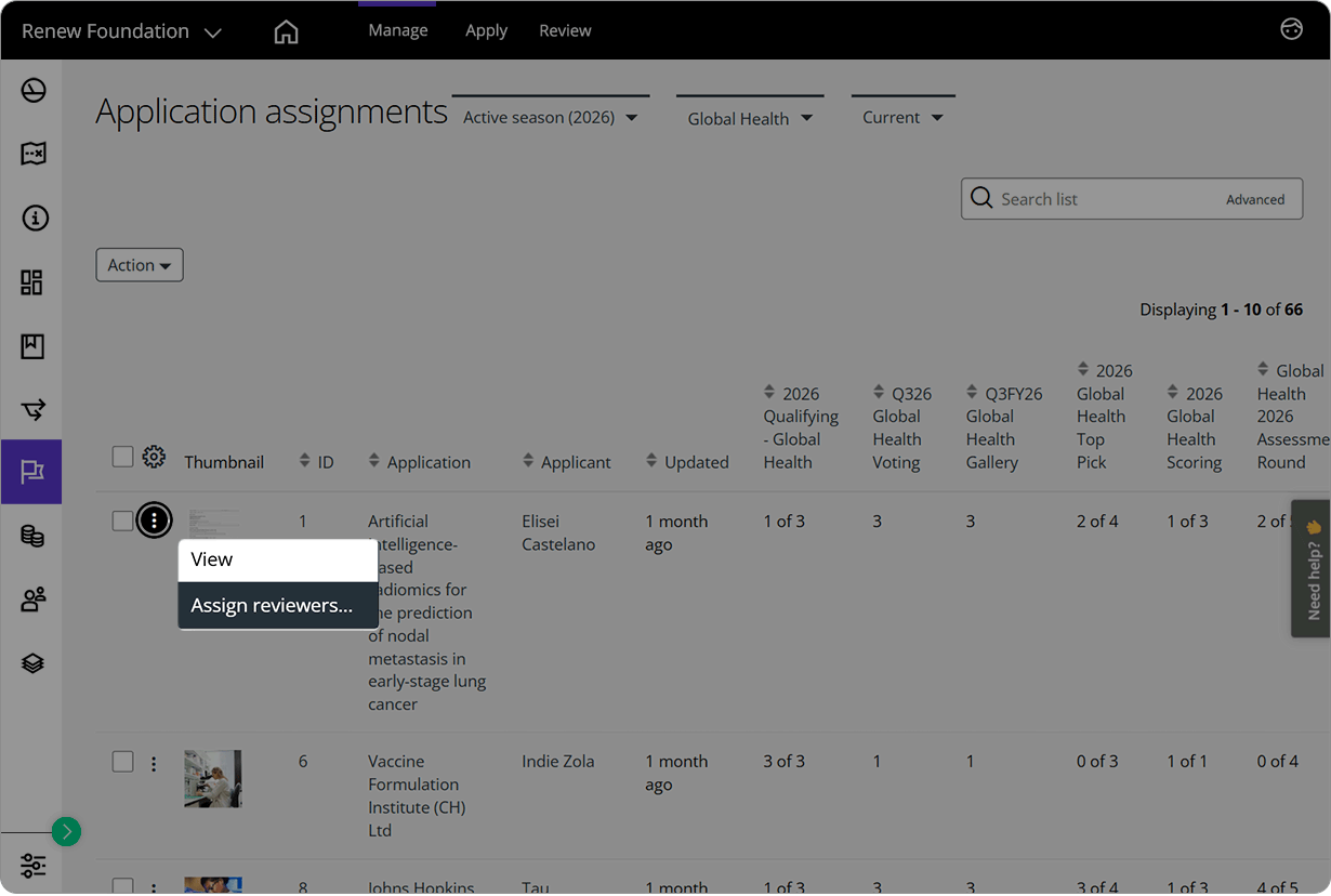 Good Grants interface showing the Application assignment list view option to assign reviewers to an application or view it