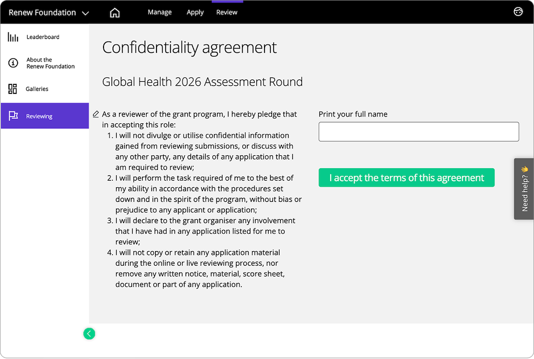 A sample confidentiality agreement in Good Grants