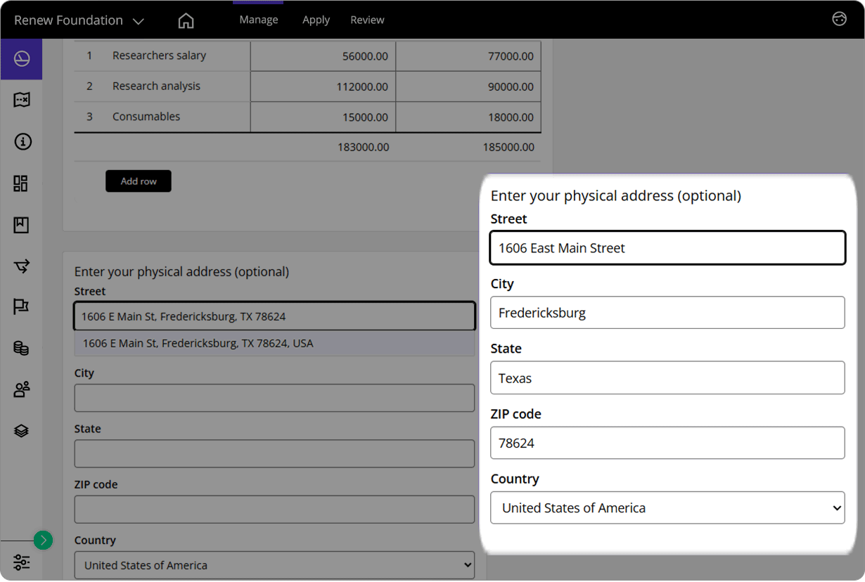 Good Grants interface showing the address field type