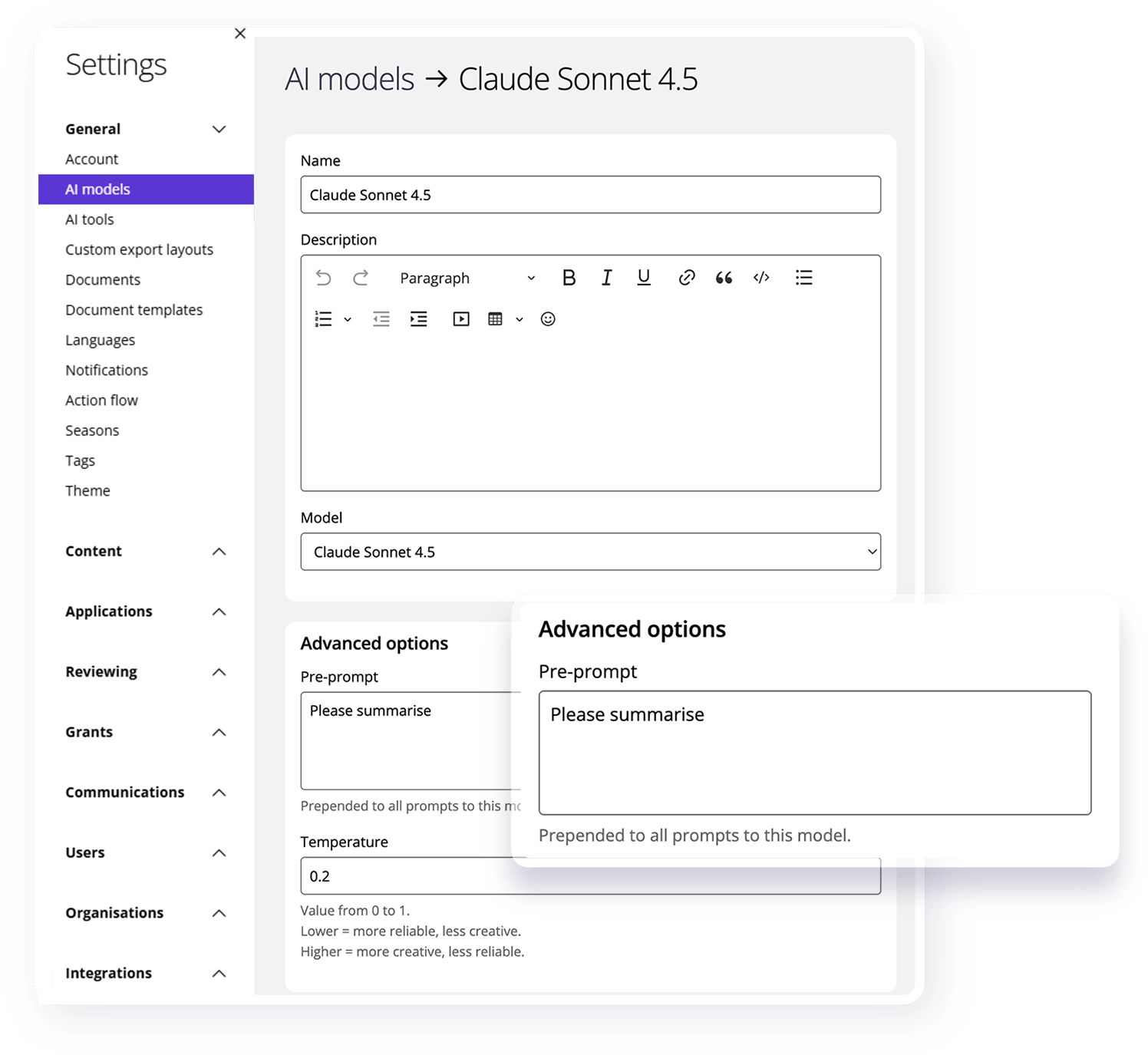 Good Grants interface showing pre-prompt settings