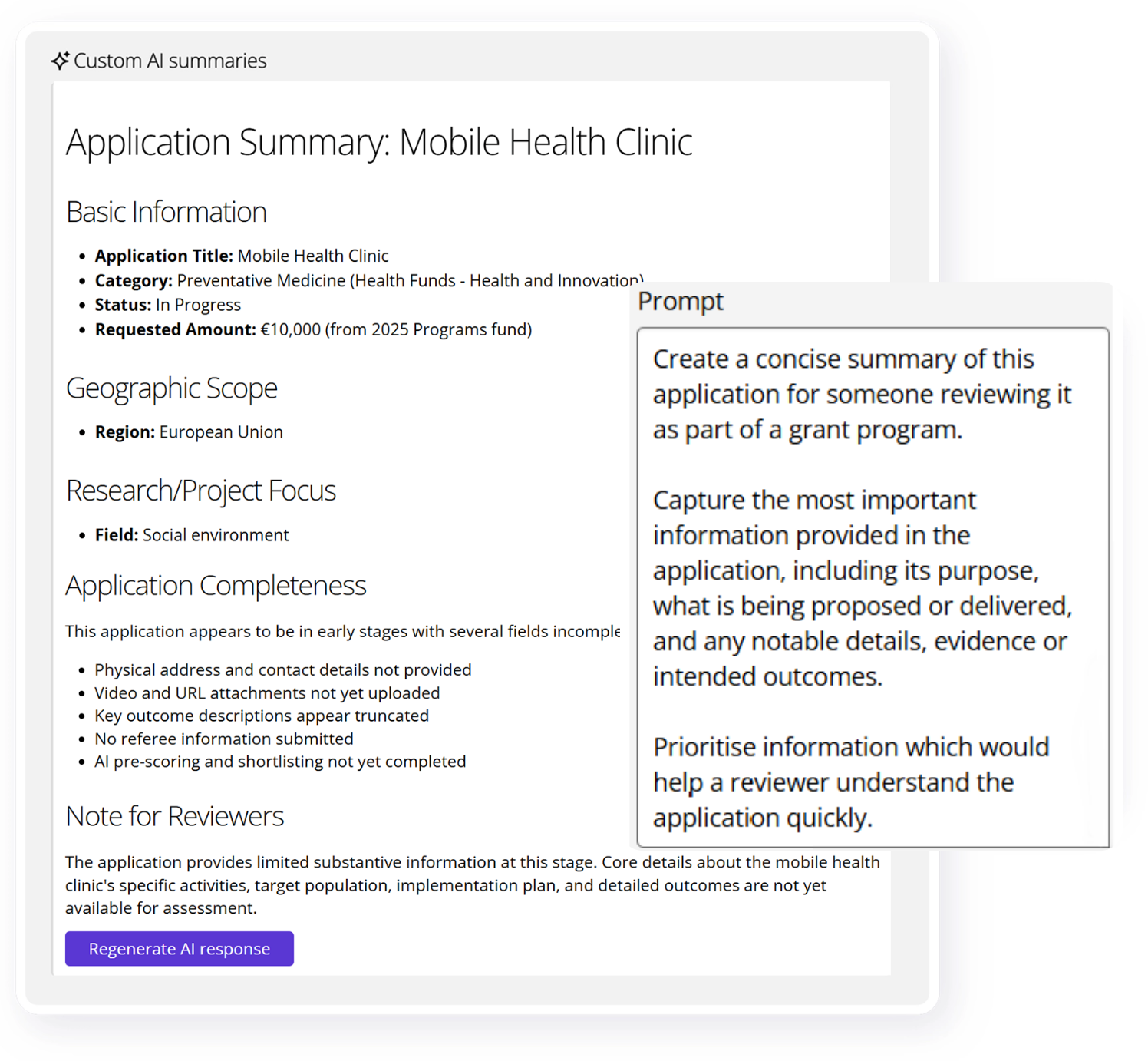 Good Grants graphic showing the AI application summaries output and the prompt that was used