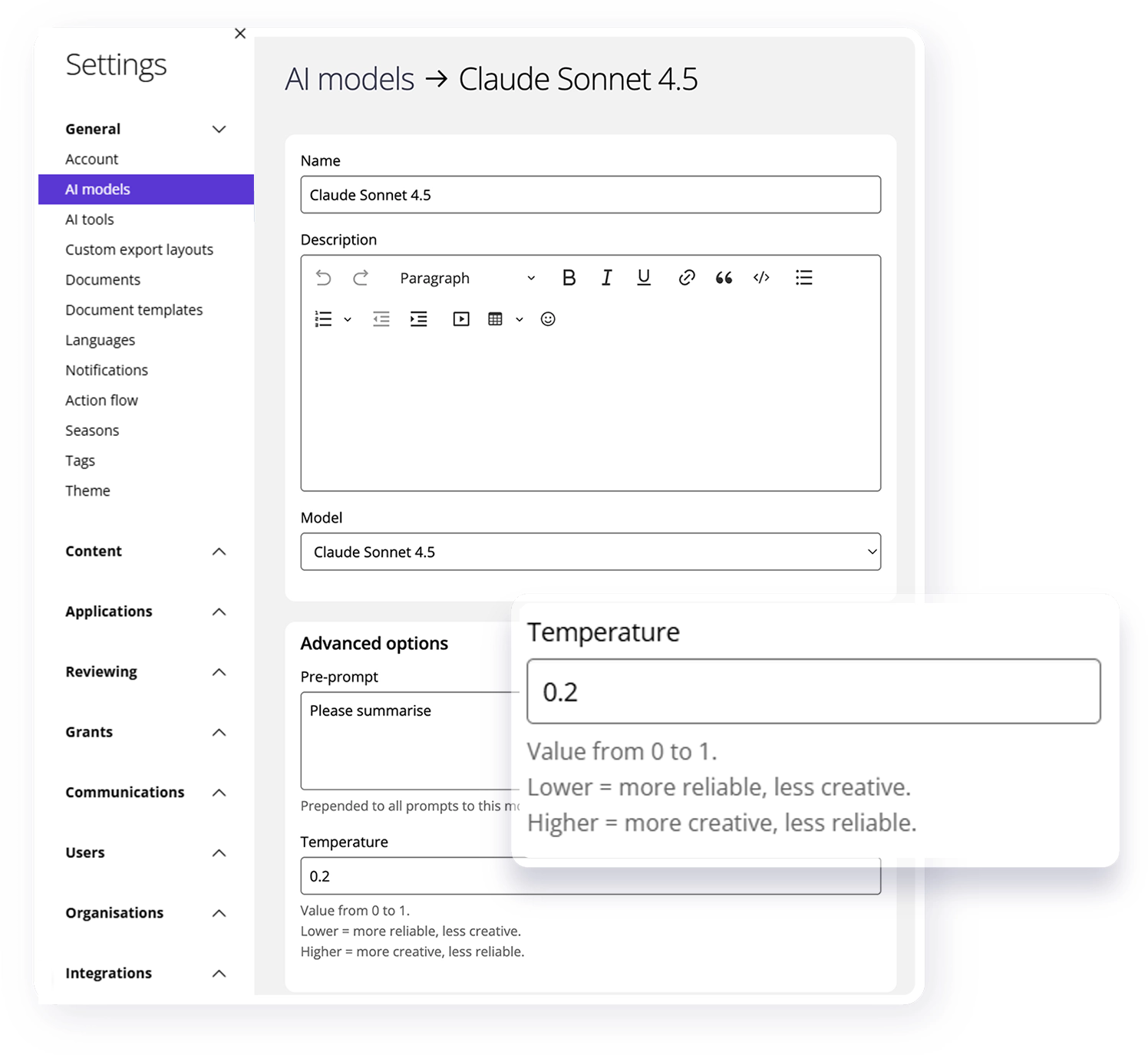 Good Grants interface showing the AI model temperature setting