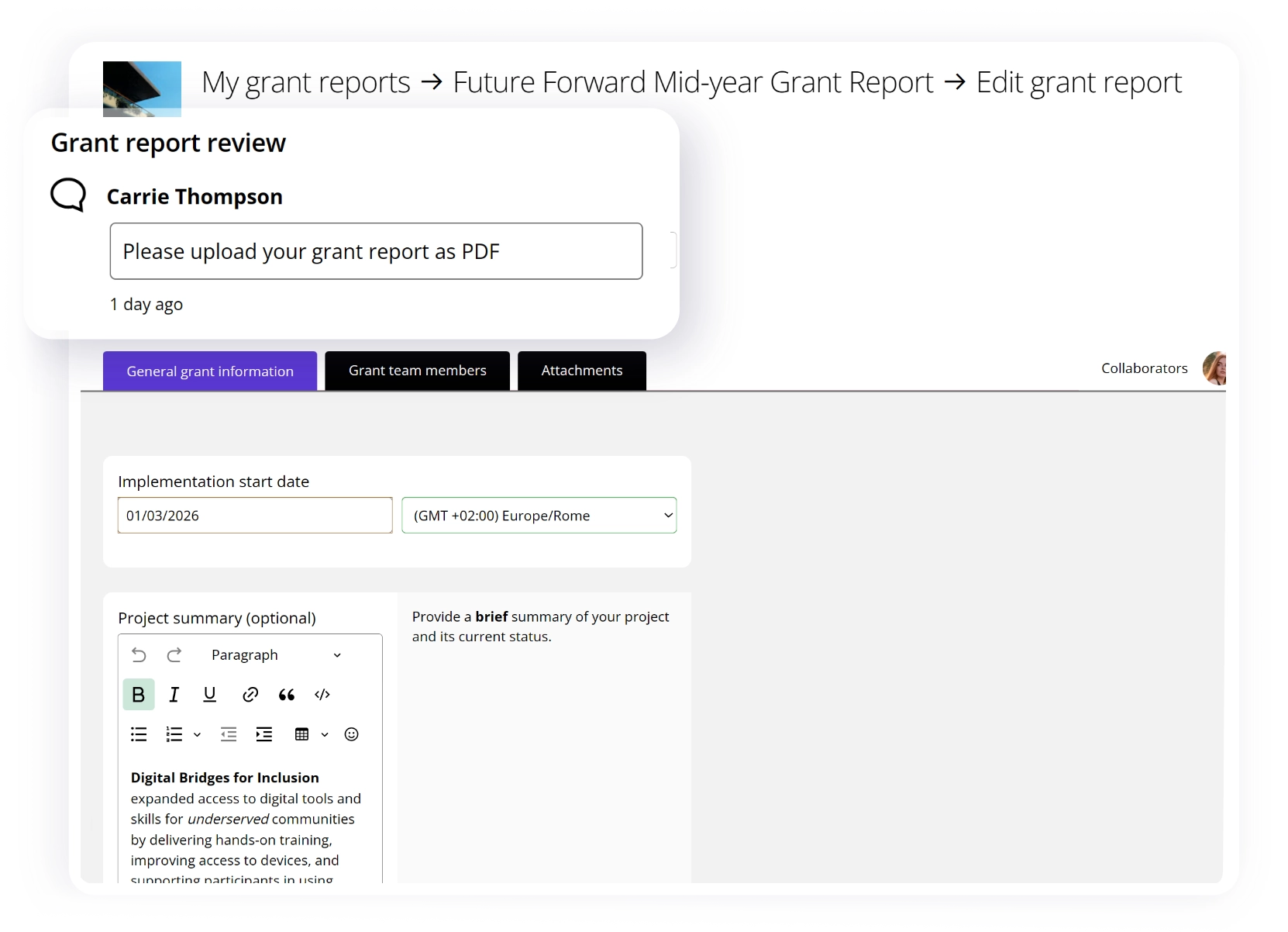 Editing grant report after requiring editing copy in Good Grants